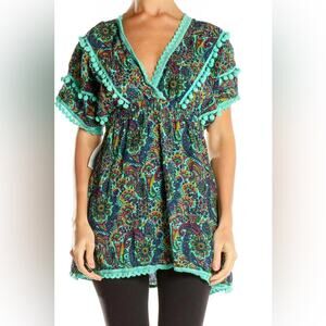 America & Beyond Small Boho Tunic | Blue & Green Paisley Print